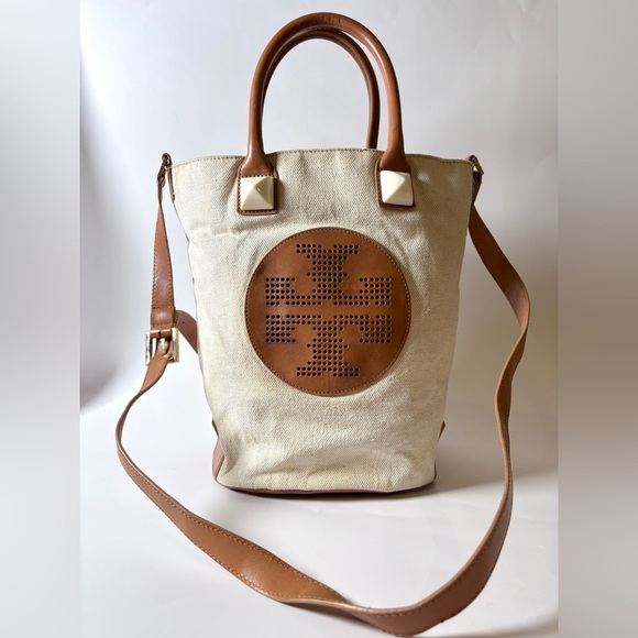 Tory Burch Perforated Leather Logo & Canvas Bucket Bag